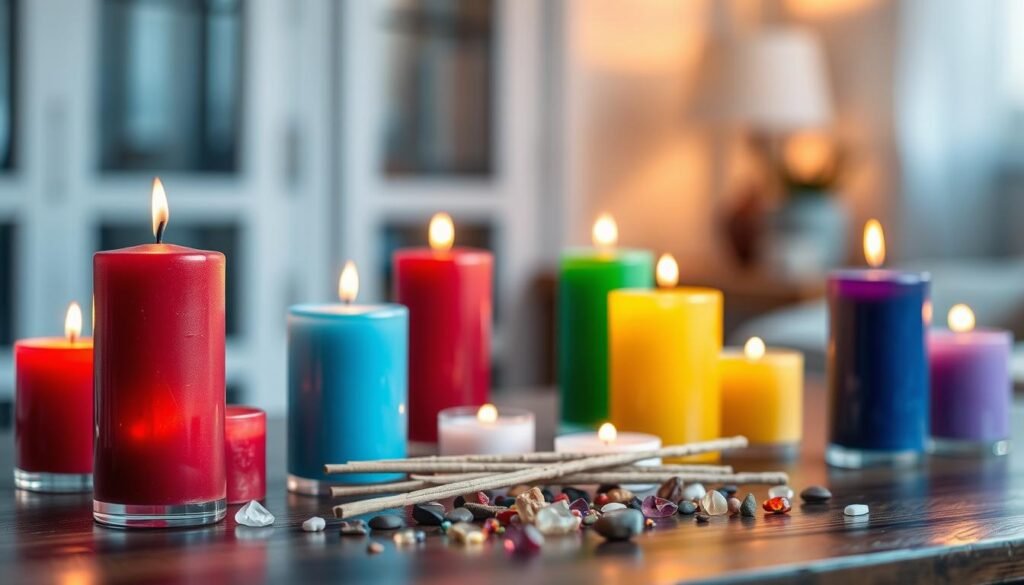 A serene tabletop arrangement showcasing a variety of candles in vibrant colors—red, blue, green, yellow, and purple—reflecting their significance in intention rituals. The foreground features the candles, each uniquely shaped and arranged in an aesthetically pleasing manner, with soft glimmers of light flickering. In the middle ground, delicate incense sticks and small gemstones surround the candles, enhancing the mystical atmosphere. The background is softly blurred, hinting at a tranquil room with soft, warm lighting that creates a soothing ambiance. The overall mood is peaceful and reflective, inviting contemplation and exploration of the colors' meanings in spiritual practices. The image captures the essence of intention-setting through candle rituals, emphasizing the importance of color symbolism. A serene tabletop arrangement showcasing a variety of candles in vibrant colors—red, blue, green, yellow, and purple—reflecting their significance in intention rituals. The foreground features the candles, each uniquely shaped and arranged in an aesthetically pleasing manner, with soft glimmers of light flickering. In the middle ground, delicate incense sticks and small gemstones surround the candles, enhancing the mystical atmosphere. The background is softly blurred, hinting at a tranquil room with soft, warm lighting that creates a soothing ambiance. The overall mood is peaceful and reflective, inviting contemplation and exploration of the colors' meanings in spiritual practices. The image captures the essence of intention-setting through candle rituals, emphasizing the importance of color symbolism.