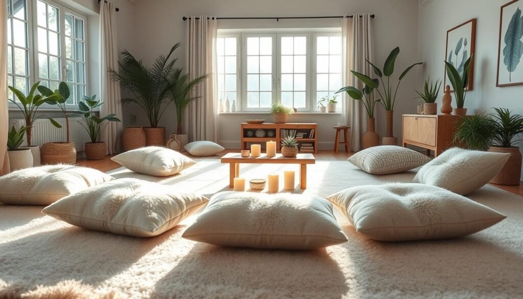 A serene, tranquil space designed for relaxation and mindfulness. In the foreground, soft, plush cushions are arranged on a light-colored rug, inviting comfort. The middle ground features a wooden low table adorned with candles and a small potted plant, exuding a warm, soothing ambiance. The background showcases large windows allowing gentle sunlight to filter in, casting a soft glow throughout the room. Natural elements like indoor plants and calming artwork adorn the walls, enhancing the peaceful atmosphere. The lighting is soft and diffused, creating a cozy, welcoming vibe. The overall scene captures a sense of preparation for a calming ritual, allowing for an escape from anxiety and a return to inner peace.