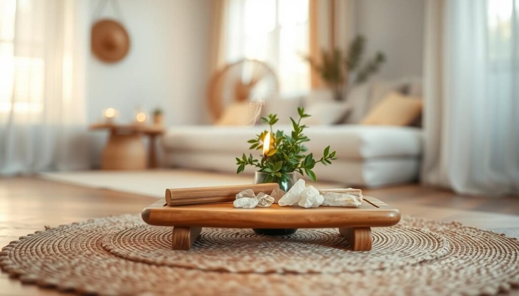 A serene, tranquil space set for a palo santo ritual. In the foreground, a beautifully crafted wooden table is adorned with a small, burning palo santo stick, emitting soft curls of aromatic smoke. The middle features a lush green plant and natural crystals, creating a harmonious atmosphere. A delicate, handwoven mat lies beneath, adding texture to the scene. In the background, gentle ambient light filters through sheer curtains, casting warm golden hues. A calming, blurred view of an inviting room with minimalistic decor contributes to the sense of peace. The overall mood is soothing and meditative, perfect for enhancing the ritual experience. The angle captures the essence of relaxation and mindfulness.