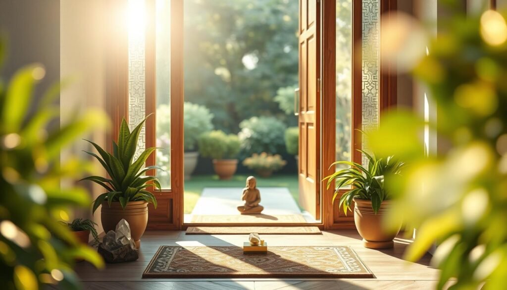 A serene view of an entrance to a home, showcasing a beautifully arranged protective energy setup. In the foreground, a welcoming wooden door is flanked by potted plants, symbolizing vitality and protection. On each side of the door, there are decorative crystals, softly reflecting light, enhancing the calming atmosphere. The middle ground features a neatly arranged doormat with subtle patterns, and perhaps a small guardian statue, exuding a sense of security. The background reveals a sunlit pathway leading to a lush garden, with soft bokeh effects highlighting the tranquility of the home environment. The lighting is warm and inviting, suggesting a safe and harmonious space, with gentle shadows to create depth. The overall mood is peaceful and protective, emphasizing the importance of energetic safeguarding in contemporary homes.