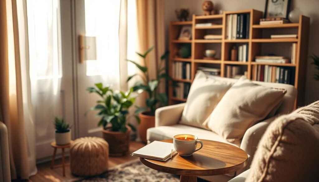 A serene, well-organized indoor space bathed in soft, warm lighting, creating a calming atmosphere. In the foreground, a cozy, inviting corner with a small round table topped with a lit candle, a journal, and a steaming cup of herbal tea. The middle layer features a comfortable chair with plush cushions, alongside a lush houseplant. In the background, gentle sunlight filters through sheer curtains, illuminating a bookshelf filled with inspiring books and personal mementos. The color palette consists of earthy tones—soft browns, warm whites, and touches of green—evoking a sense of grounding and reflection. This image encapsulates a peaceful, intentional space for preparing oneself for the end-of-year ritual of cleansing and gratitude.