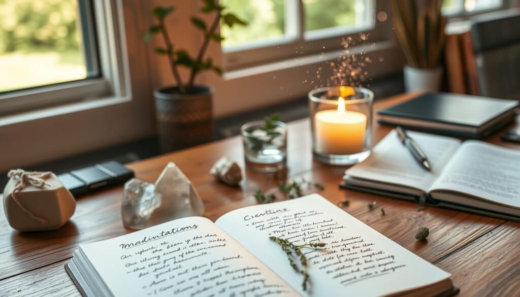 A serene workspace dedicated to the practice of manifestation, featuring a beautifully organized wooden desk with a journal open to a page filled with handwritten intentions. In the foreground, delicate crystals and fresh herbs are artfully arranged next to the journal, reflecting positivity. The middle ground displays a softly glowing candle, casting warm light that creates a tranquil atmosphere. In the background, a window reveals a peaceful nature scene with greenery, symbolizing growth and potential. Natural sunlight filters into the room, illuminating dust particles suspended in the air, enhancing the feeling of clarity and purpose. The overall mood is calm, focused, and inspiring, emphasizing the art of intention setting in a professional, yet inviting environment.