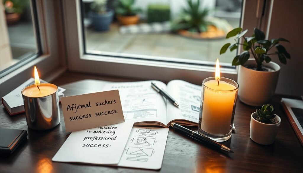 A serene workspace depicting a well-organized desk with a lit candle, an affirmation card, and a small plant, symbolizing success rituals. In the foreground, the candle flickers softly, casting warm light on a handwritten affirmation set next to it, with subtle shadows enhancing the mood of intention and focus. The middle layer features an open notebook filled with neatly written notes and diagrams about achieving professional success, with a pen placed thoughtfully beside it. In the background, there's a blurred window view showcasing a peaceful garden, allowing natural light to illuminate the scene. The atmosphere is tranquil and inspiring, conveying a sense of calm and purpose, ideal for professional reflection and motivation.