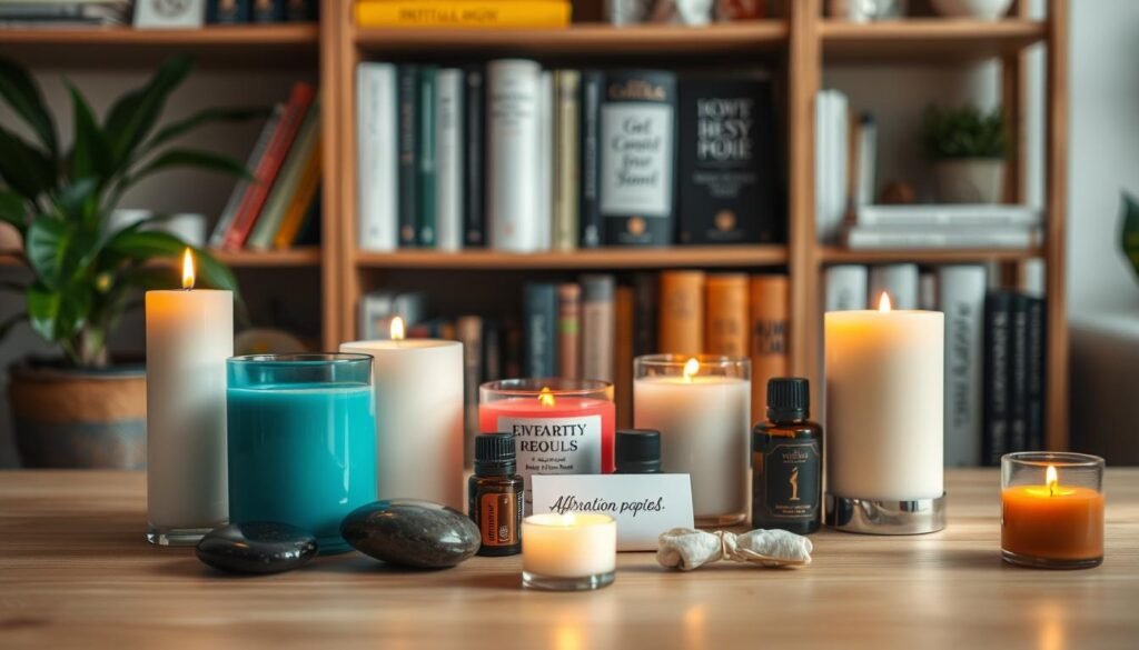 A serene workspace is illuminated by soft, warm light from an elegantly burning candle at the forefront, surrounded by various neatly arranged candle options in different shapes and colors symbolizing intention-setting. In the middle ground, a collection of decorative items like polished stones, essential oils, and beautifully wrapped affirmation papers enhance the composition, inviting a sense of focus and mindfulness. The background features a softly blurred shelf filled with books on rituals and motivational quotes, creating an inspiring atmosphere. The overall mood is calm and empowering, ideal for fostering creativity and success in personal projects. The image is captured with a shallow depth of field to emphasize the foreground elements, creating a peaceful and visually appealing environment conducive to intention-setting.