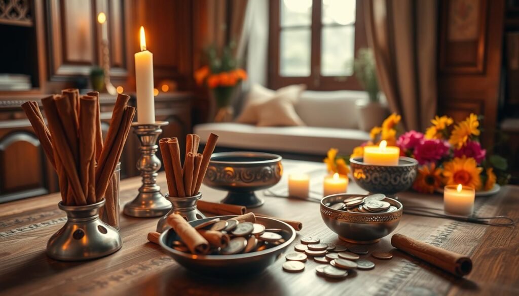 A serene workspace set for a cinnamon ritual aimed at attracting wealth. In the foreground, a beautifully arranged table showcases intricately designed cinnamon sticks, softly glowing candles, and an ornate bowl filled with coins. In the middle ground, fresh flowers in warm colors surround the table, adding to the inviting atmosphere. The background features a softly lit room with rich wooden textures and warm, ambient light filtering through the window, casting gentle shadows. A delicate scent of cinnamon permeates the air, enhancing the sense of calm and focus. The mood is tranquil and purposeful, ideal for invoking prosperity. The composition should have a soft focus to create an intimate, inviting feel, captured at eye level to engage the viewer.