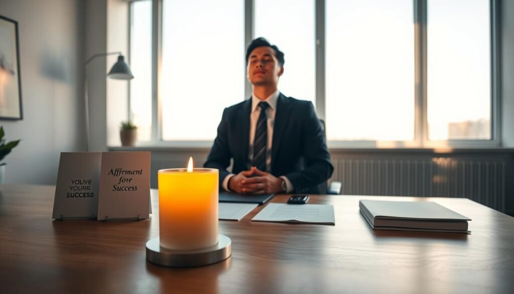 A serene workspace setting depicting a "ritual for success" in a professional context. In the foreground, a polished wooden table holds a lit candle casting warm, soft light, surrounded by elegant affirmation cards and a small potted plant. The middle ground showcases a focused individual in business attire, seated with closed eyes, hands resting on their lap, conveying a sense of intention and calm. In the background, large windows allow natural light to flow in, illuminating the space. Gentle shadows create depth, while a subtle gradient of soft colors enhances the tranquil atmosphere. Overall, the scene embodies a harmonious blend of focus, intention, and positivity, inspiring a sense of motivation and clarity for work success.