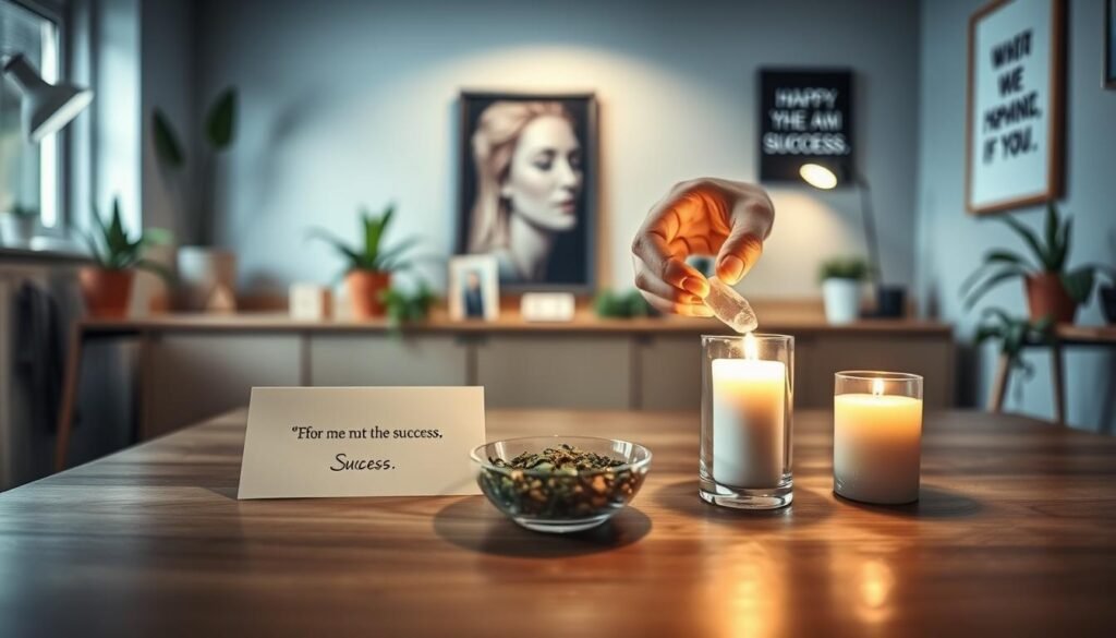 A serene workspace setting focused on a ritual for enhancing success. In the foreground, a neatly arranged wooden table holding a lit candle, an affirmation card, and a small bowl of herbs, symbolizing intention and focus. In the middle ground, a hand gently placing a crystal near the candle, emphasizing connection and energy. The background features soft, diffused lighting, creating a calming atmosphere, with plants and motivational artwork on the walls. The scene is shot from a slightly elevated angle, highlighting the altar-like arrangement while maintaining an inviting and harmonious mood. The overall tone is one of professionalism and tranquility, perfect for fostering a sense of purpose and ritual.