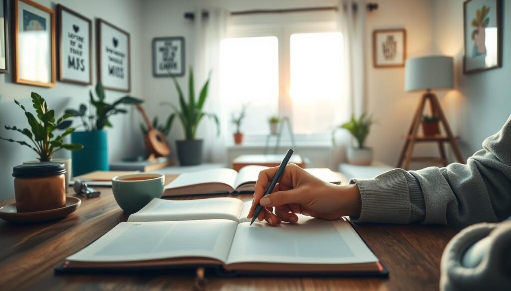 A serene workspace setting for a weekly ritual, featuring a neatly arranged wooden desk with a journal, an open planner, and a steaming cup of herbal tea. In the foreground, a pair of hands are writing in the journal, dressed in modest casual attire. The middle ground showcases a cozy, well-lit room with soft natural light streaming through a window, illuminating potted plants and inspirational quotes framed on the walls. In the background, a calming scene of a sunrise can be seen, symbolizing new beginnings. The overall atmosphere should evoke a sense of peace, reflection, and motivation, inviting individuals to embrace positivity for the week ahead. The focus should be on the act of preparing for a successful Monday.