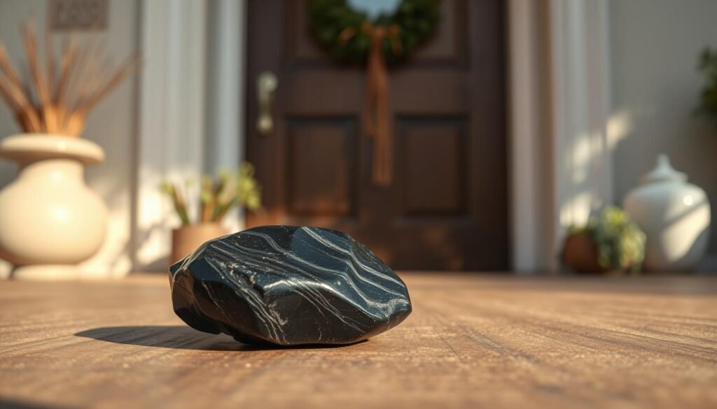 A stunning close-up of a black tourmaline stone, showcasing its deep, glossy black surface with subtle hints of natural striations and gleaming facets. The foreground features the stone resting on a textured wooden surface, emphasizing its grounding and protective properties. In the background, a softly blurred entrance door adorned with simple yet elegant decorative elements and subtle greenery, creating a serene and inviting atmosphere. The lighting is warm and natural, casting gentle shadows that add depth. Capture the scene from a slightly elevated angle to highlight both the stone and its contextual placement by a door, evoking a sense of security and tranquility. The mood is peaceful and grounded, perfect for a protective home ritual.