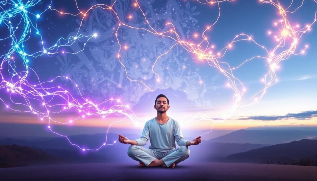 A surreal representation of energetic bonds, depicted as luminous, flowing strands of light intertwining and connecting in a dynamic dance. In the foreground, a person in modest, casual clothing meditates, seated cross-legged, eyes closed, radiating calmness and focus. The strands of energy pulse gently around them, vibrant in hues of blue, purple, and gold, symbolizing connections to various aspects of life and relationships. The middle layer features abstract representations of chaotic energies, fading into softer colors as they merge into the background, where a serene landscape of rolling hills and a tranquil sky can be seen. Soft, ethereal lighting envelops the scene, creating a harmonious and peaceful atmosphere, evoking a sense of introspection and connection to oneself and others.