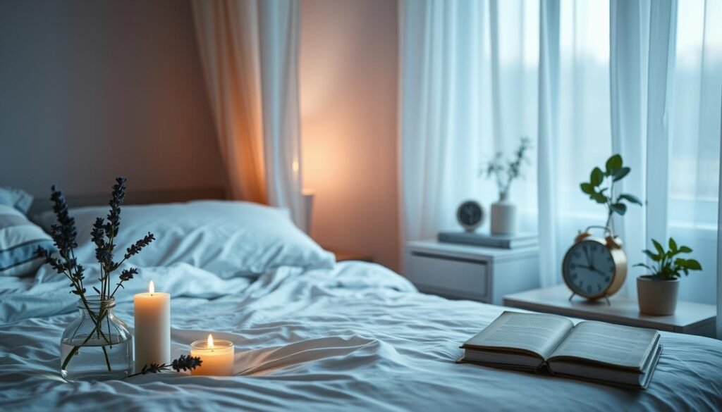 A tranquil bedroom setting at dusk, designed to evoke a sense of peace and protection for sleep. In the foreground, a neatly made bed with soft, inviting linens, surrounded by calming items: a small vase of lavender, a candle softly glowing, and a dreamcatcher hanging nearby. In the middle ground, a bedside table with a clock displaying a soothing time, a book with a calming cover, and a small potted plant, symbolizing growth and rest. In the background, gentle shadows cast by the window, where sheer curtains billow softly, letting in dim, warm light. The overall atmosphere is serene and calming, suggesting a place where one can safely unwind and let go of the day's worries, promoting healing and restorative sleep.
