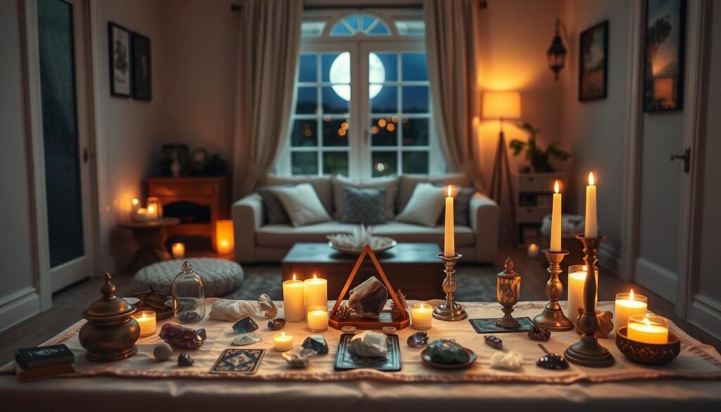 A tranquil home setting designed for beginner esoteric rituals. In the foreground, a beautifully arranged altar with crystals, candles, and symbolic objects like a tarot deck and incense burners. The altar is adorned with a white cloth, colorful crystals sparkling under soft candlelight. In the middle ground, a cozy space with comfortable seating, lit with warm, ambient lighting to create a serene atmosphere. A window in the background reveals a moonlit night sky, adding a touch of magic to the scene. The overall mood is peaceful and inviting, encouraging reflection and exploration of esotericism. The image should be captured with a soft focus lens to enhance the dreamlike quality, maintaining a harmonious balance of light and shadow.