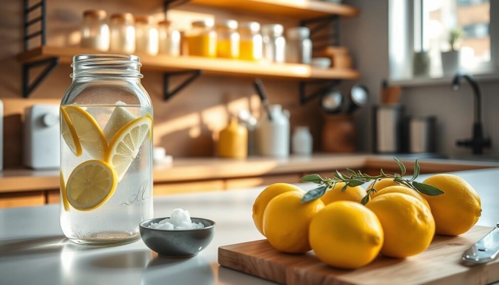 A tranquil kitchen scene featuring a clean countertop with a cutting board holding fresh, vibrant yellow lemons. A glass jar filled with water infused with lemon slices is prominently placed in the foreground. The middle ground shows a small bowl with some rock salt and a sprig of fresh herbs, suggesting purification. In the background, soft sunlight streams through a window, illuminating the warm wooden shelves lined with clean jars and cooking utensils, creating a serene ambiance. The lighting is soft and inviting, casting gentle shadows that enhance the wholesome atmosphere. This image captures the essence of a cleansing ritual, focusing on freshness and renewal, perfect for a ritual cleansing theme.