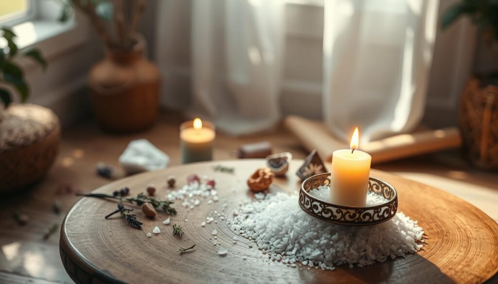 A tranquil scene depicting a protective ritual featuring coarse salt and a lit candle. In the foreground, a round wooden table is adorned with a small pile of salt and a softly glowing candle placed in an ornate holder. The candle casts warm, flickering light, illuminating the salt crystals with a gentle shimmer. In the middle ground, scattered herbs and crystals complement the ritual setup, enhancing the atmosphere. The background is softly blurred, featuring shadows of nature, suggesting a serene indoor space with muted earth tones. Natural light filters in through a window, creating a calming ambiance. The overall mood is peaceful and sacred, inviting contemplation and reflection.