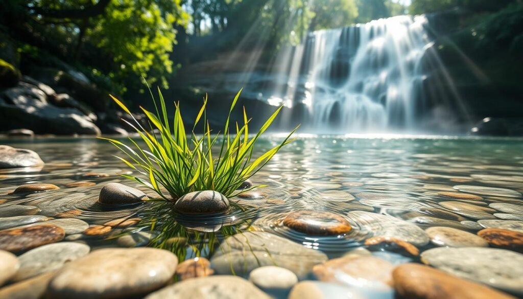 A tranquil scene depicting the concept of "energia" symbolized through flowing water. In the foreground, gentle ripples of crystal-clear water pool around smooth pebbles, reflecting hints of soft sunlight. In the middle, vibrant aquatic plants sway gracefully, embodying life and renewal. The background features a serene waterfall cascading down lush green rocks, enveloped in a soft mist that catches light, creating a dreamy atmosphere. Sun rays filter through the trees lining the area, producing dappled patterns on the water's surface. The overall mood is calming and restorative, inviting viewers to feel a sense of peace and emotional cleansing after a long day. Use a wide-angle lens to capture the entire scene, enhancing depth with natural lighting. A tranquil scene depicting the concept of "energia" symbolized through flowing water. In the foreground, gentle ripples of crystal-clear water pool around smooth pebbles, reflecting hints of soft sunlight. In the middle, vibrant aquatic plants sway gracefully, embodying life and renewal. The background features a serene waterfall cascading down lush green rocks, enveloped in a soft mist that catches light, creating a dreamy atmosphere. Sun rays filter through the trees lining the area, producing dappled patterns on the water's surface. The overall mood is calming and restorative, inviting viewers to feel a sense of peace and emotional cleansing after a long day. Use a wide-angle lens to capture the entire scene, enhancing depth with natural lighting.