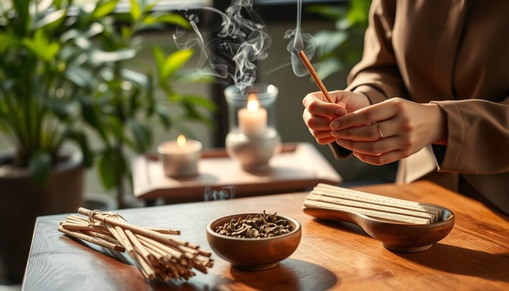 A tranquil scene depicting the step-by-step process of using palo santo. In the foreground, a wooden table adorned with a bundle of palo santo sticks and a small bowl of dried herbs, gently smoking. A set of hands, wearing modest professional attire, carefully holds a lit stick, releasing wisps of fragrant smoke. In the middle ground, a serene setting includes a small, elegantly designed space, with a softly glowing candle and a crystal or incense burner, creating a reflective atmosphere. The background features lush greenery just softly out of focus, hinting at an indoor nature-inspired retreat. The lighting is warm and inviting, casting gentle shadows that enhance the calming mood of the ritual. The overall composition embodies a sense of peace and mindfulness in the act of using palo santo responsibly.