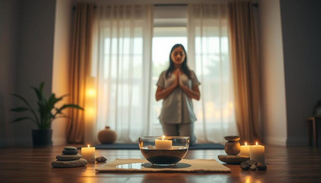A tranquil scene of preparation for a cleansing ritual, set indoors in a serene, softly lit space. In the foreground, a neatly arranged small altar, adorned with natural elements like stones, candles, and a bowl of water, symbolizing intention and purification. In the middle ground, a person dressed in modest, casual clothing prepares the space, focused and serene, radiating a sense of calm determination. In the background, warm, ambient lighting enhances the peaceful atmosphere, with a hint of greenery peeking through a window. The overall mood is introspective and soothing, emphasizing the importance of setting intention and creating a positive environment for the ritual. Use a soft focus lens to evoke a sense of warmth and tranquility.