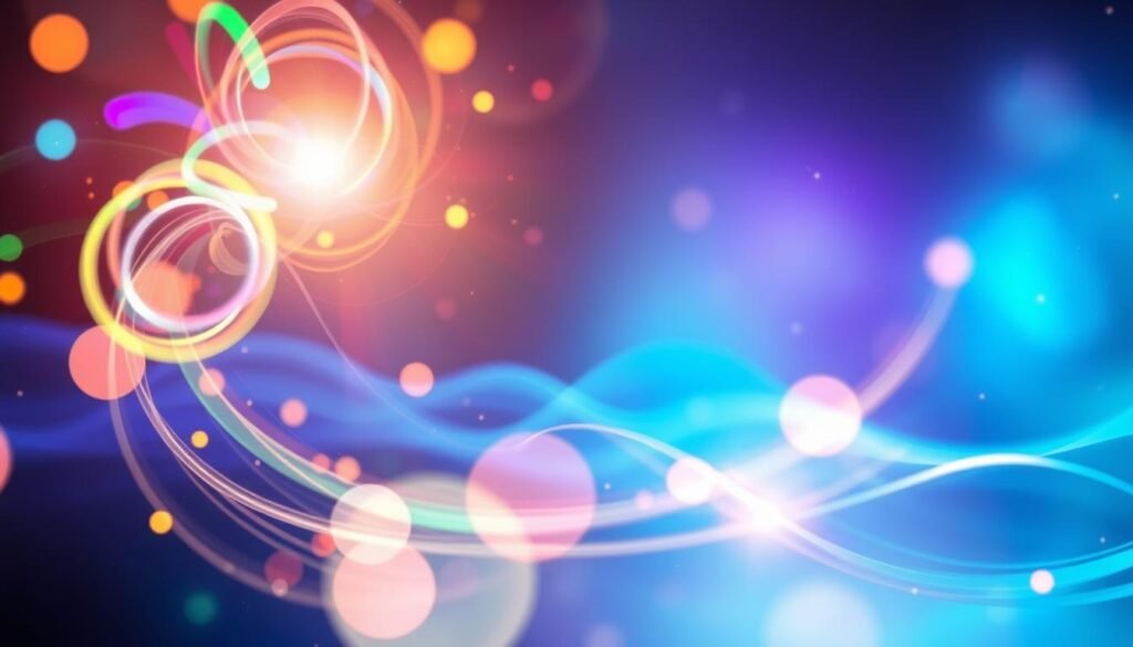 A vibrant and dynamic visualization of "energy," capturing the essence of manifestation. In the foreground, swirling colorful light orbs representing positive thoughts and intentions radiate outward, their paths intertwining like a dance. In the middle ground, abstract waves of energy pulse in harmonious rhythm, suggesting movement and transformation. The background features a soft-focus gradient of blues and purples, evoking a deep cosmic atmosphere, while subtle sparkles twinkle like stars in the distance. The lighting should be bright and ethereal, highlighting the orbs and waves to create depth and intrigue. The overall mood is uplifting and inspiring, illustrating the concept of energy in the process of manifestation, emphasizing that mere positive thoughts are just the beginning of a more profound journey.