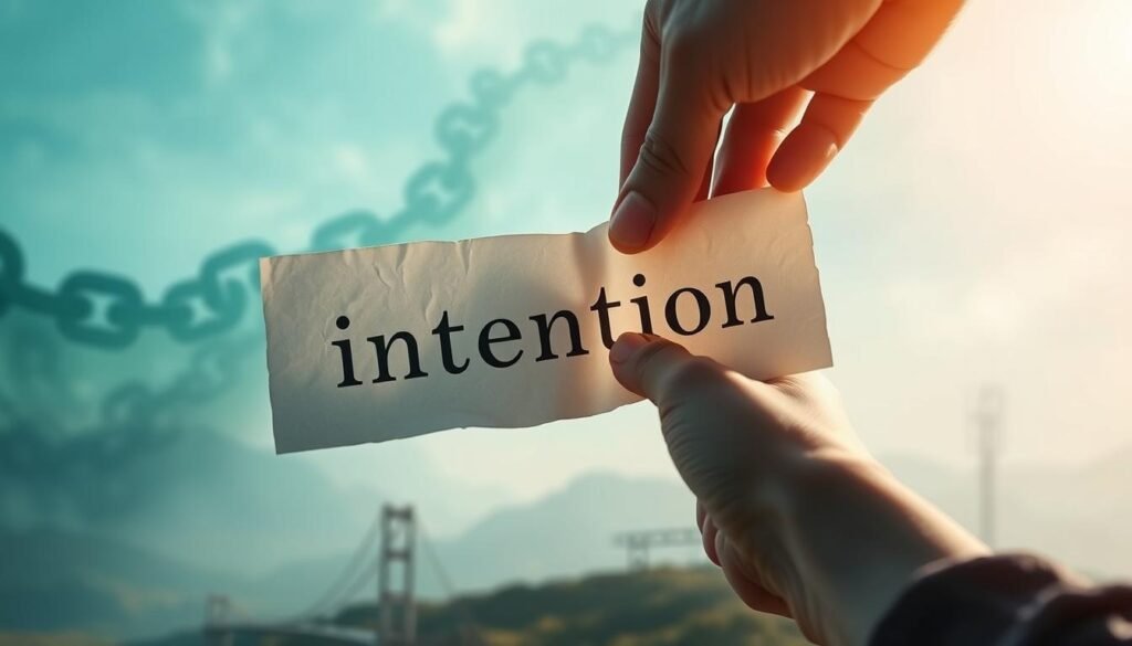 A visually striking representation of "sabotaging intentions" as an abstract concept. In the foreground, a hand gently tearing apart a paper with the word "intention" written on it, symbolizing conflict. In the middle ground, soft, swirling colors like blue and green blending together, representing clarity and confusion intertwined. In the background, a hazy landscape with faint outlines of obstacles like broken chains and shadows, which convey the idea of challenges faced when manifesting intentions. The lighting is ethereal, with a soft glow illuminating the hand, creating a hopeful atmosphere. The image should evoke a sense of struggle but also the potential for resolution, captured at a slightly upward angle to inspire a feeling of possibility and determination.