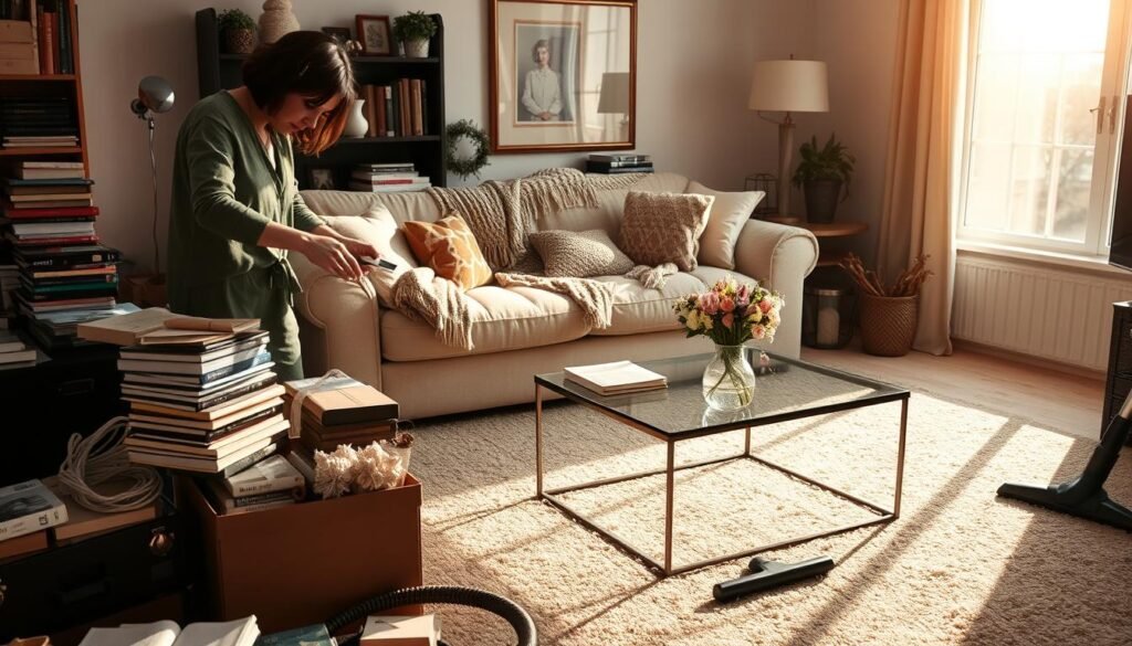 A warm and inviting living room in the midst of a year-end clean-up. In the foreground, a person in modest casual clothing is sorting through clutter—books, papers, and seasonal decorations—arranging items in neat piles. The middle ground features a plush sofa adorned with cozy throws, and a coffee table cleared of its usual mess, showcasing a serene vase of fresh flowers. In the background, a window lets in soft, golden afternoon light, casting gentle shadows across freshly vacuumed carpets. The atmosphere is calm and reflective, highlighting the importance of cleansing spaces and intentions as the year comes to a close.