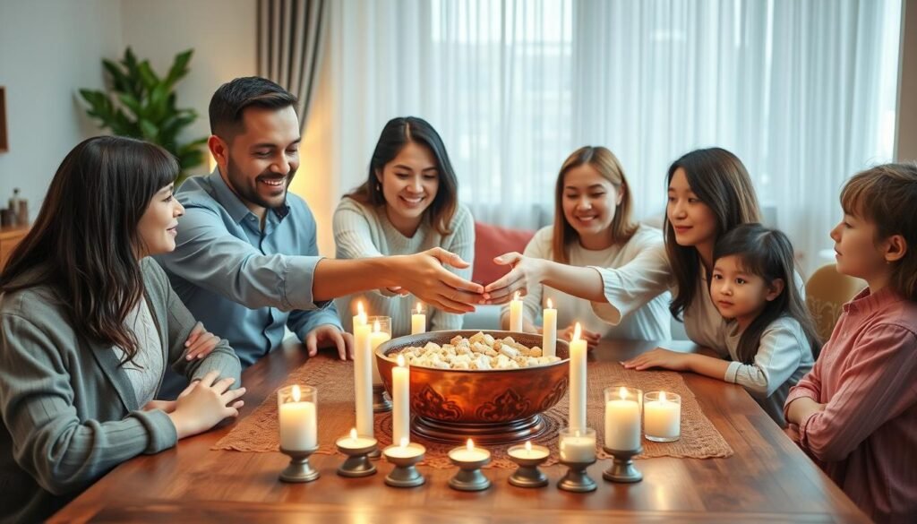 A warm, inviting family gathering around a richly decorated wooden table, symbolizing a reconciliation ritual. In the foreground, a diverse group of four family members—two adults and two children—are engaged in the symbolic act of passing a hand-crafted bowl filled with shared memories. Each person is dressed in modest, semi-formal attire, their faces reflecting peaceful expressions. The middle ground features an array of candles, creating a soft, flickering glow, enhancing the intimate atmosphere. In the background, a cozy living room with gentle, natural light filtering through sheer curtains adds warmth to the scene. The overall mood is one of harmony and togetherness, with a soft focus on facial expressions and subtle details, shot from a slightly elevated angle to capture the table's center. A warm, inviting family gathering around a richly decorated wooden table, symbolizing a reconciliation ritual. In the foreground, a diverse group of four family members—two adults and two children—are engaged in the symbolic act of passing a hand-crafted bowl filled with shared memories. Each person is dressed in modest, semi-formal attire, their faces reflecting peaceful expressions. The middle ground features an array of candles, creating a soft, flickering glow, enhancing the intimate atmosphere. In the background, a cozy living room with gentle, natural light filtering through sheer curtains adds warmth to the scene. The overall mood is one of harmony and togetherness, with a soft focus on facial expressions and subtle details, shot from a slightly elevated angle to capture the table's center.
