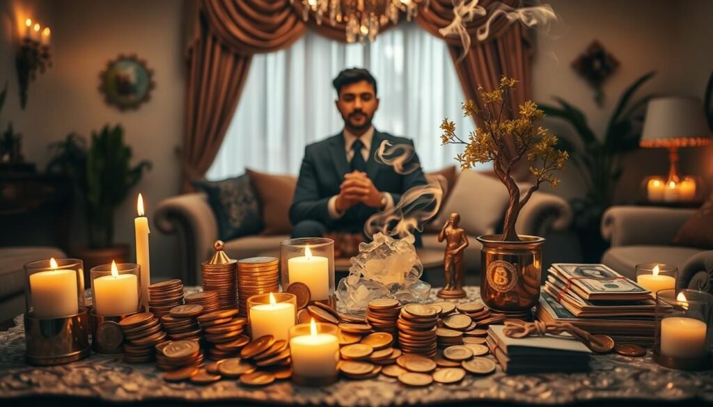 An elegant home setting that exudes wealth and abundance, featuring a beautifully arranged altar with golden coins, stacks of cash, and symbolic wealth objects like a money tree and prosperity crystals. In the foreground, soft, flickering candlelight casts a warm glow, highlighting the textures of the coins and the intricate details of the altar. In the middle ground, a person in professional business attire calmly performs a money attraction ritual, surrounded by fragrant incense smoke that swirls around them. The background showcases an elegantly decorated room, adorned with luxurious fabrics and a subtle hint of opulence. The overall mood is serene yet vibrant, capturing the essence of financial empowerment and the energy of attracting prosperity, with soft focus and warm lighting enhancing the inviting atmosphere. An elegant home setting that exudes wealth and abundance, featuring a beautifully arranged altar with golden coins, stacks of cash, and symbolic wealth objects like a money tree and prosperity crystals. In the foreground, soft, flickering candlelight casts a warm glow, highlighting the textures of the coins and the intricate details of the altar. In the middle ground, a person in professional business attire calmly performs a money attraction ritual, surrounded by fragrant incense smoke that swirls around them. The background showcases an elegantly decorated room, adorned with luxurious fabrics and a subtle hint of opulence. The overall mood is serene yet vibrant, capturing the essence of financial empowerment and the energy of attracting prosperity, with soft focus and warm lighting enhancing the inviting atmosphere.