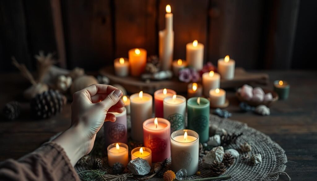 An intimate setting for preparing an intention candle, capturing the essence of the ritual. In the foreground, hands delicately arranging various colored candles with intricate designs, surrounded by herbs and crystals. The middle ground features a beautifully crafted altar adorned with natural elements like pine cones and dried flowers. The background is softly blurred, revealing warm candlelight flickering against dark, rustic wood, creating a serene and mystical atmosphere. The lighting is soft and warm, evoking a sense of tranquility, as if inviting the viewer to connect with the spiritual significance of the colors. The angle is slightly above the scene, giving a holistic view of the preparation process while maintaining a cozy and inviting mood. An intimate setting for preparing an intention candle, capturing the essence of the ritual. In the foreground, hands delicately arranging various colored candles with intricate designs, surrounded by herbs and crystals. The middle ground features a beautifully crafted altar adorned with natural elements like pine cones and dried flowers. The background is softly blurred, revealing warm candlelight flickering against dark, rustic wood, creating a serene and mystical atmosphere. The lighting is soft and warm, evoking a sense of tranquility, as if inviting the viewer to connect with the spiritual significance of the colors. The angle is slightly above the scene, giving a holistic view of the preparation process while maintaining a cozy and inviting mood.