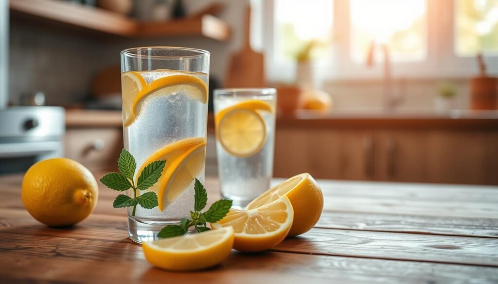 An inviting kitchen scene featuring a stylish glass of water infused with fresh lemon slices, placed on a wooden table. In the foreground, vibrant yellow lemon wedges and a sprig of mint create a fresh atmosphere. The background showcases soft, natural light streaming through a window, illuminating the space and enhancing the warm tones of the wooden elements. A gentle focus and slight bokeh effect add depth, while a calm and serene mood envelops the entire image. The setting evokes a feeling of rejuvenation and clarity, ideal for someone seeking a refreshing and health-conscious ritual. No people are present in the image, ensuring a tranquil and undisturbed environment.