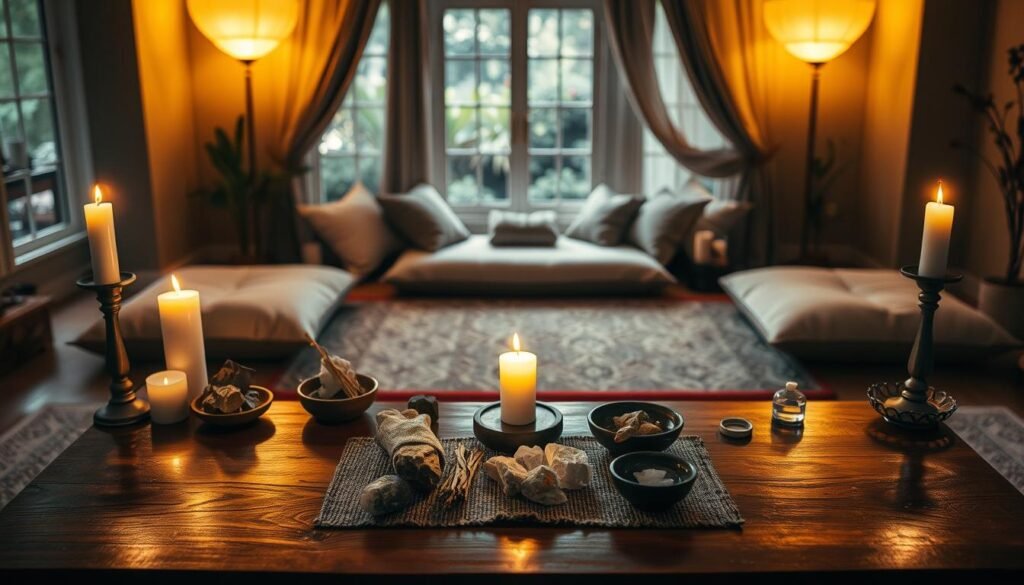 An inviting ritual space illuminated by soft candlelight, showcasing an array of sacred objects such as crystals, herbs, and a small altar adorned with natural elements. In the foreground, a polished wooden table is set with neatly arranged items that symbolize protection and purification, including sage bundles and bowls of water. The mid-ground features a serene meditation area with plush cushions and softly draped fabrics, creating a comfortable atmosphere. In the background, a peaceful window reveals a lush garden, enhancing the atmosphere of tranquility. The warm, golden light casts gentle shadows, adding to the serene ambiance. The scene evokes feelings of calm and focus, inviting viewers to prepare their minds and surroundings for a transformative experience.