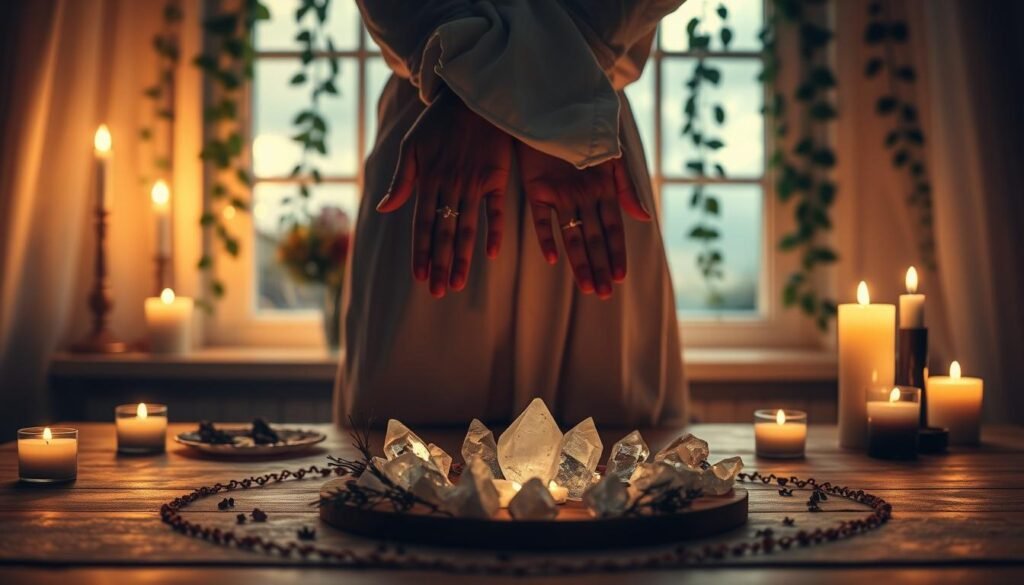 In a serene, dimly lit room filled with soft, warm candlelight, a table is elegantly set for a love ritual. In the foreground, delicate crystals and fragrant herbs are arranged in a circle, symbolizing intention and emotion. A pair of intertwined hands, cloaked in modest attire, are placed gently above the crystals, radiating a subtle aura of energy and connection. The background features a softly blurred window with ivy cascading down, creating a natural, harmonious atmosphere. The overall mood conveys warmth, tranquility, and the act of focusing energy toward love. The scene is captured from a slight angle to emphasize the intertwining hands and the enchanting ambiance of the ritual, using a lens that enhances the glow of the candles.