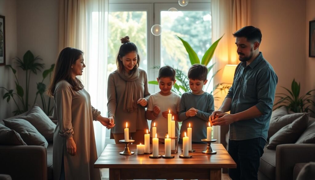 In a serene, warmly lit living room, a family is gathered around a small wooden table set for a ritual. In the foreground, a mother and father, dressed in modest casual clothing, hold hands, their expressions reflecting hope and connection. In the middle, their children, two young siblings, are engaged in lighting candles, symbolizing unity and peace. The background features soft, diffused light streaming through a window, illuminating vibrant plants, creating a tranquil atmosphere. Ethereal elements, like gentle glowing orbs, hover above the table, enhancing the magical essence of the ritual while maintaining a supportive ambiance. The overall mood is warm and inviting, embodying the essence of familial harmony and resolution. In a serene, warmly lit living room, a family is gathered around a small wooden table set for a ritual. In the foreground, a mother and father, dressed in modest casual clothing, hold hands, their expressions reflecting hope and connection. In the middle, their children, two young siblings, are engaged in lighting candles, symbolizing unity and peace. The background features soft, diffused light streaming through a window, illuminating vibrant plants, creating a tranquil atmosphere. Ethereal elements, like gentle glowing orbs, hover above the table, enhancing the magical essence of the ritual while maintaining a supportive ambiance. The overall mood is warm and inviting, embodying the essence of familial harmony and resolution.