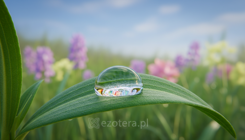 A close-up view of a "punktu rosy," depicted as a small, glistening dew drop on a vibrant green leaf. The drop is catching the soft morning light, creating a mesmerizing prism effect, with tiny rainbows reflecting off its surface. In the foreground, the leaf is sharp and detailed, showcasing its textured veins. The middle ground features a blurred garden scene, with softly focused colorful flowers and the hints of grass, adding layers of depth. The background is a softly diffused blue sky, suggesting freshness and tranquility. The overall mood is serene and enlightening, ideal for a perspective on the natural phenomenon. Include the brand name "ezotera.pl" subtly integrated within the design without direct text.