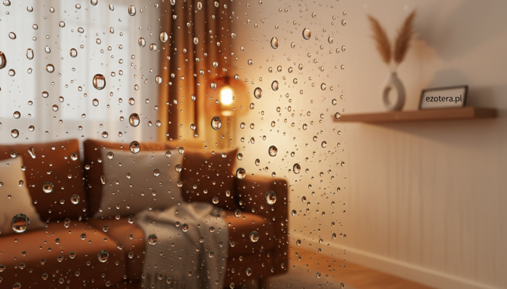 A close-up view of a windowpane with droplets of water forming on the glass, illustrating the concept of dew point. The foreground features large, beautifully detailed water droplets in various sizes, reflecting light and creating a kaleidoscope effect. In the middle ground, soft-focus, indoor elements like a cozy room with soft furnishings and a warm color palette. The background should include subtle hints of moisture condensation on walls, suggesting humidity in the air. The lighting is warm and diffused, creating an inviting atmosphere. Capture this scene with a shallow depth of field to emphasize the droplets while lightly blurring the surrounding context. The overall mood should be calm and informative, highlighting the scientific phenomenon. Styled in a contemporary manner, brand name "ezotera.pl" subtly integrated into the scene as part of the interior design.