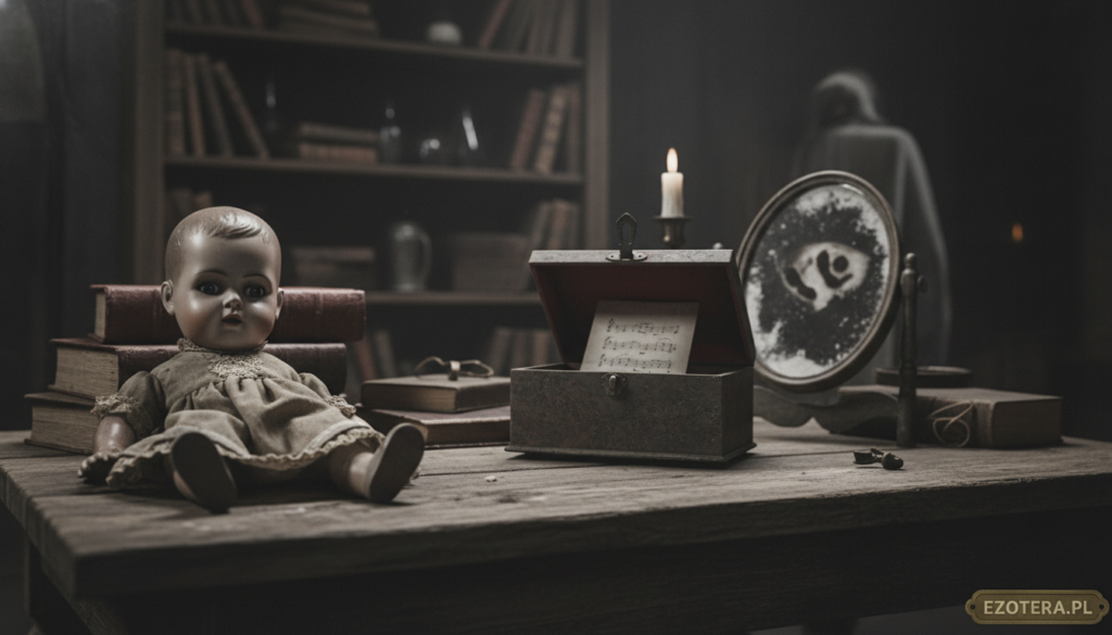 A collection of haunted objects displayed on a rustic wooden table in a dimly lit room, showcasing eerie items like an antique doll with cracked porcelain skin, a dusty music box, and a weathered mirror reflecting unsettling shadows. In the foreground, the doll's unsettling gaze captures the viewer's attention, while the middle ground emphasizes the music box, slightly ajar, with ominous notes hinted at. In the background, darkened shelves holding old books and other mysterious artifacts create an atmosphere of intrigue. Soft, flickering candlelight casts long shadows, enhancing the haunting vibe of the scene. The overall mood should be eerie yet captivating, inviting viewers to explore the strange and supernatural essence of these haunted objects. Visual style reminiscent of classic horror, with a slightly desaturated color palette. ezotera.pl