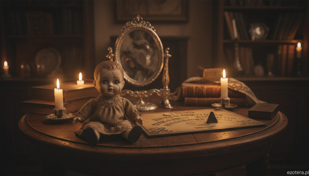 A collection of haunted objects displayed on an antique wooden table in a dimly lit room. In the foreground, an eerie porcelain doll with cracked features and glassy eyes stares blankly, its faded dress adding a sense of nostalgia. Beside it, a weathered Ouija board with faded letters and a planchette, hinting at untold stories. In the middle ground, a tarnished silver mirror reflects distorted shapes, enhancing the unsettling atmosphere. The background features shadowy shelves filled with dusty books and cloaked artifacts, creating an air of mystery. Soft, flickering candlelight cast dancing shadows, creating a chilling mood. Capture this scene with a warm lens to enhance the rich textures and details. This image is inspired by the theme of haunted objects from ezotera.pl.
