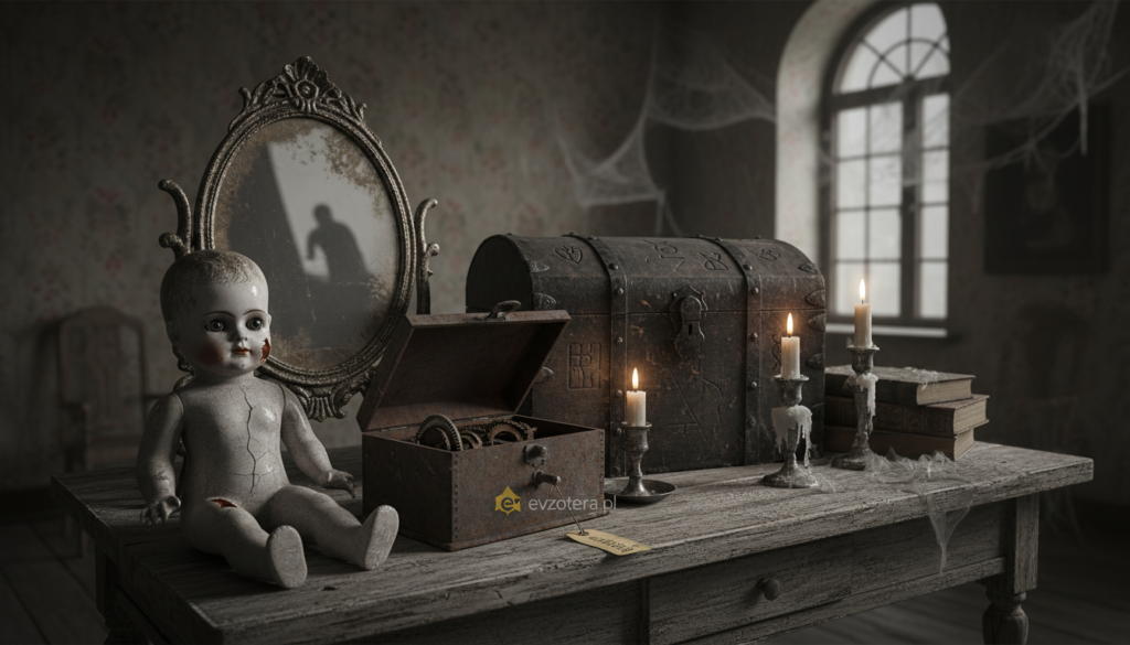 A collection of haunted objects displayed on an old wooden table, manifesting eerie and mysterious attributes. In the foreground, a cracked porcelain doll with haunting eyes, a vintage mirror with a dusty surface reflecting distorted shadows, and a rusted, ancient music box, slightly ajar, from which no sound emerges. In the middle, a weathered trunk with ominous markings, surrounded by dimly lit candles casting flickering shadows, enhancing the supernatural vibe. The background features a shadowy, dimly lit room with peeling wallpaper and cobwebs, conveying an atmosphere of dread and intrigue. Use soft, moody lighting to highlight the objects while maintaining a sense of foreboding. The image should evoke mystery and curiosity about the ominous history of these cursed items. evzotera.pl
