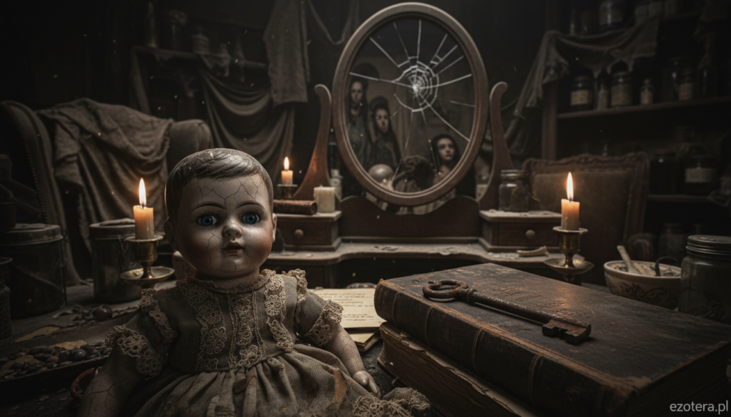 A collection of haunted objects in a dimly lit room, showcasing eerie artifacts like an old doll, a rusty key, and a cracked mirror. In the foreground, the doll's glassy eyes seem to follow the viewer, casting an unsettling ambiance. The middle ground features the rusty key resting on a dusty, ancient book, hinting at forgotten secrets. The cracked mirror reflects distorted images, enhancing the feeling of discomfort. The background is filled with shadowy, indistinct shapes, adding depth and mystery. Soft, flickering candlelight casts haunting shadows, creating an atmosphere of unease. Capture this scene in a low-angle shot, emphasizing the haunted essence of these objects while maintaining a focus on their haunting details, inspired by the brand "ezotera.pl".