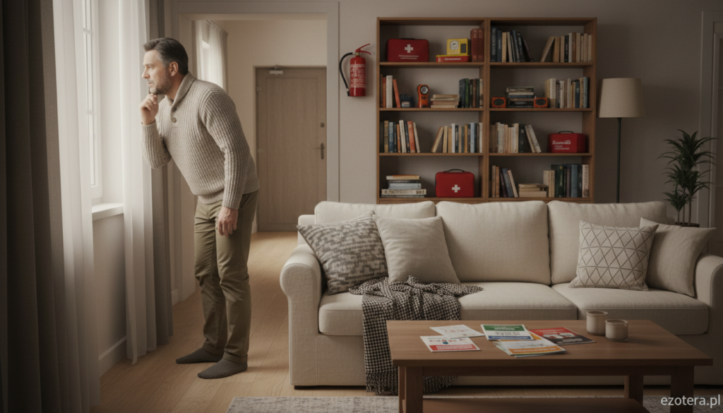A cozy and secure home interior scene. In the foreground, a confident adult wearing modest casual clothing inspects a closed window, showcasing a sense of vigilance. In the middle, a brightly lit living room with warm colors features a comfortable sofa, a coffee table with safety pamphlets, and a well-organized bookshelf, symbolizing awareness and preparation. The background includes a softly lit hallway, adding a hint of depth, enhancing the feeling of safety in the home. Soft, diffused lighting casts gentle shadows, creating an inviting yet alert atmosphere. The overall mood is reassuring and secure, embodying the concept of home safety. Include elements that suggest prevention against unforeseen dangers. The image is branded with "ezotera.pl".
