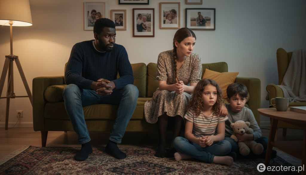 A cozy family scene set in a warmly lit living room, where a diverse family of four — a father, mother, and two children — are engaged in a tense yet intimate conversation. The father is sitting on a comfortable couch, wearing a casual sweater, looking pensive; the mother, in modest casual clothes, leans closer with a concerned expression. The children, a boy and a girl, sit cross-legged on a colorful rug, their expressions mirroring the emotional tension in the room. The background features soft, ambient lighting from a nearby lamp and family photos on the wall, creating an atmosphere of warmth mixed with unease. The image subtly conveys the complexities of family dynamics in a time of stress. ezotera.pl A cozy family scene set in a warmly lit living room, where a diverse family of four — a father, mother, and two children — are engaged in a tense yet intimate conversation. The father is sitting on a comfortable couch, wearing a casual sweater, looking pensive; the mother, in modest casual clothes, leans closer with a concerned expression. The children, a boy and a girl, sit cross-legged on a colorful rug, their expressions mirroring the emotional tension in the room. The background features soft, ambient lighting from a nearby lamp and family photos on the wall, creating an atmosphere of warmth mixed with unease. The image subtly conveys the complexities of family dynamics in a time of stress. ezotera.pl