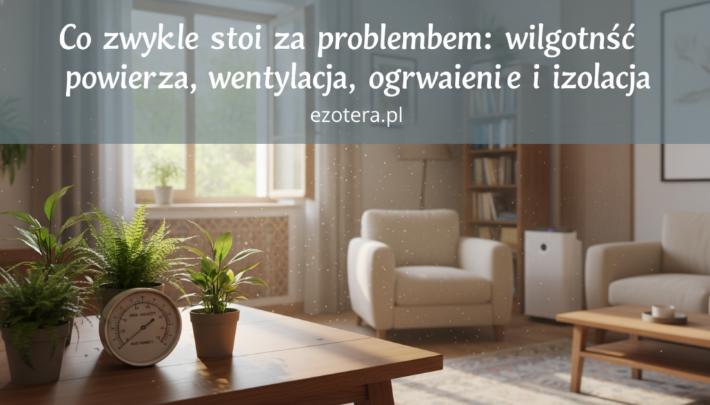 A cozy indoor environment depicting the concept of air humidity. In the foreground, a delicate hygrometer showing high humidity levels sits on a wooden table, surrounded by small potted plants thriving in the moist air. The middle ground features a window partially opened, with soft sunlight streaming in, illuminating dust motes in the air, creating a warm atmosphere. In the background, a well-furnished living room can be seen, with hints of insulation materials and a modern heating system subtly integrated into the decor. The overall lighting is soft and natural, evoking a sense of comfort and tranquility. Capture this scene in a realistic style, reflecting the title "Co zwykle stoi za problemem: wilgotność powietrza, wentylacja, ogrzewanie i izolacja", with a focus on ambient mood and a professional aesthetic. ezotera.pl