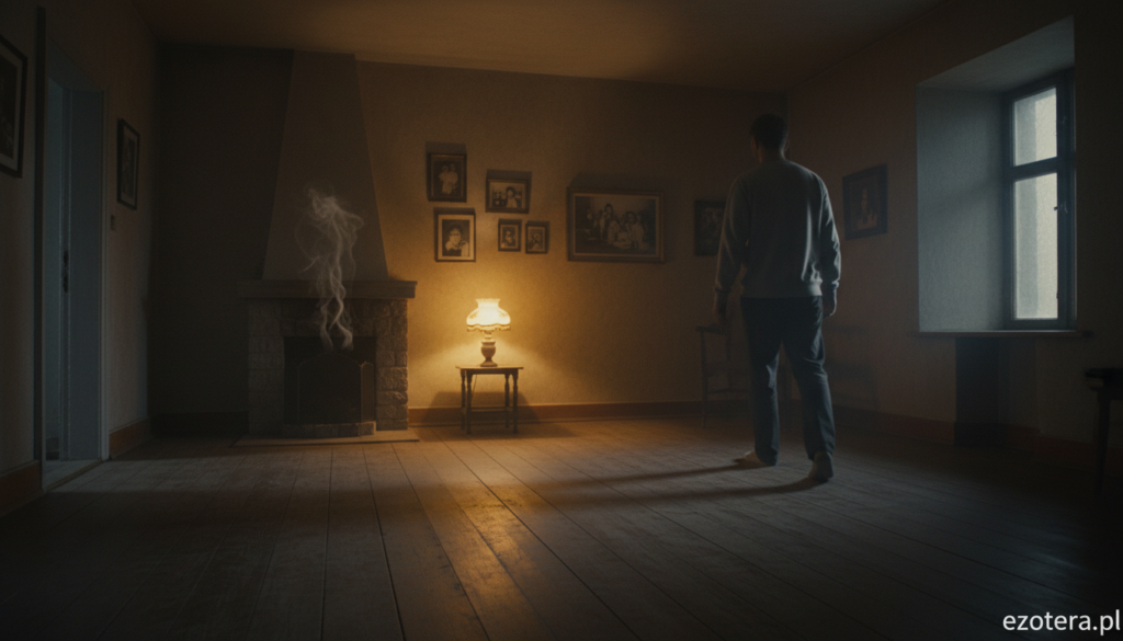 A cozy interior of a dimly lit living room in an old house, where shadows dance around corners. In the foreground, a wooden floor reveals subtle scratches, hinting at movement. A shadowy figure, wearing modest casual clothing, quietly tiptoes across the room, creating an air of mystery. In the middle ground, a soft, flickering light from a vintage lamp casts warm tones onto the walls, showcasing family pictures that seem to whisper stories of the past. The background features an old fireplace with faint wisps of smoke, enhancing the atmosphere. The entire scene is imbued with a sense of intrigue and quiet tension, making viewers wonder about the secrets hidden within the house. Captured with a wide-angle lens to encompass the overarching mood of whispers, footsteps, and creaks, reflecting the essence of "dźwięki w domu." ezotera.pl