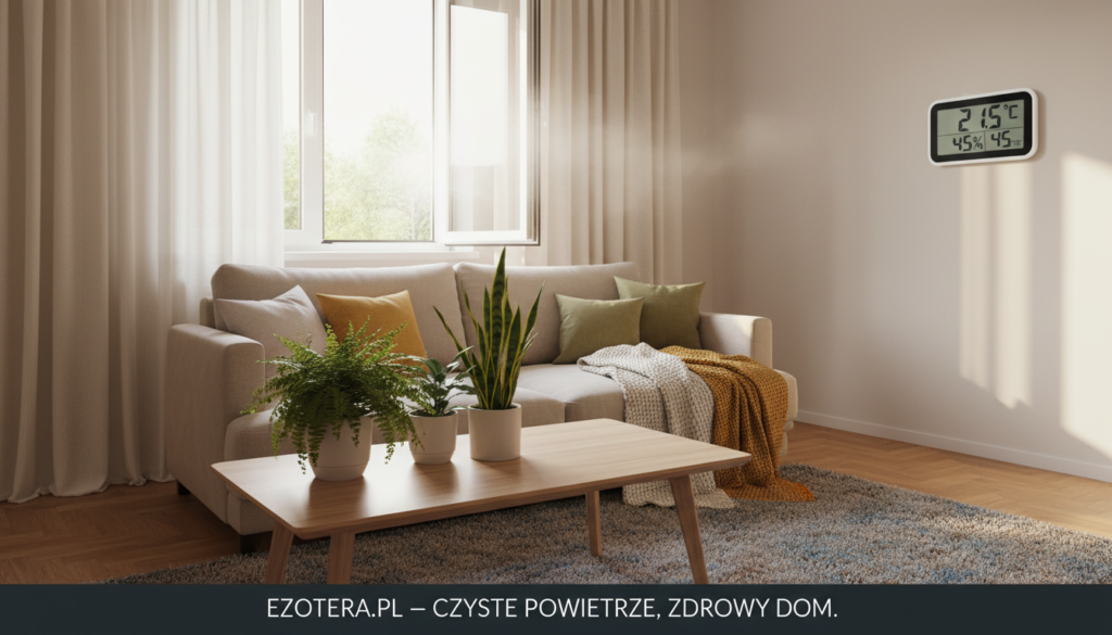 A cozy, well-lit living room with a large window partially open, allowing a gentle draft to flow through. In the foreground, fresh green plants rest on a wooden table, symbolizing clean air circulation. The middle ground features a comfortable sofa adorned with warm blankets, suggesting a welcoming atmosphere. Sunlight filters in, casting soft shadows on the beige walls, enhancing the warmth of the space. The background showcases a room thermometer displaying a moderate temperature, alongside hints of insulation like soft, plush curtains and rugs that promote energy efficiency. The overall mood is serene and refreshing, evoking a sense of harmony between the interior environment and outdoor freshness. The image should reflect the benefits of ventilation in preventing mold, created for the website brand "ezotera.pl".