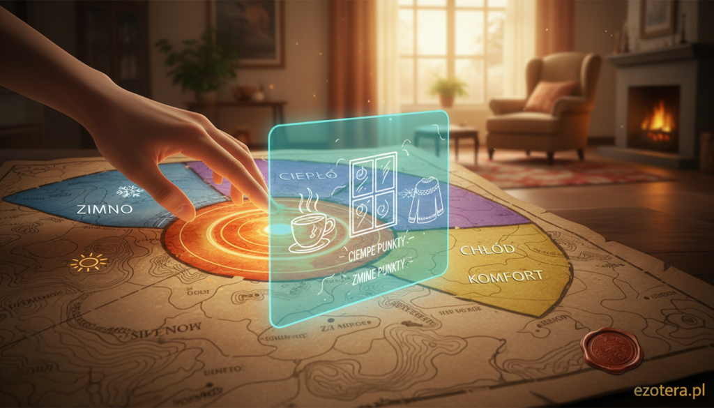 A detailed illustration of a "mapa dotyku" styled as an interactive touchpoint guide, vibrant and visually engaging. In the foreground, a hand gently touches a glowing area on a textured map, indicating different temperature zones. The middle ground features a semi-transparent overlay of various household items (a cup of tea, a sweater, a drafty window) illustrating common cold spots. The background shows a cozy living room setting with soft, warm lighting streaming through a window, creating an inviting atmosphere. Use a shallow depth of field to keep the hand and map in focus while blurring the surrounding details. The scene conveys curiosity and exploration, reflecting warmth amidst the chill, with branding subtly integrated as "ezotera.pl."