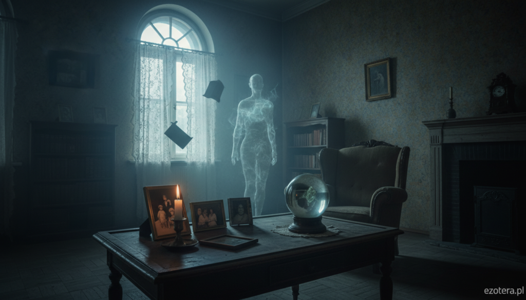 A dimly lit, atmospheric living room featuring mysterious objects levitating in mid-air, hinting at poltergeist activity. In the foreground, a vintage wooden table is cluttered with family photos, a flickering candle, and a crystal ball, casting eerie shadows. In the middle ground, a translucent apparition subtly materializes, blending with the room's furnishings, creating an unsettling yet captivating focal point. The background reveals a faded wallpaper adorned with antique patterns, enhancing the haunting aura. Soft, ghostly light filters in from a nearby window, creating a mysterious glow that accentuates the surreal atmosphere. The scene evokes a sense of both intrigue and unease, capturing the essence of historical poltergeist cases while maintaining a professional tone. This image is for ezotera.pl.