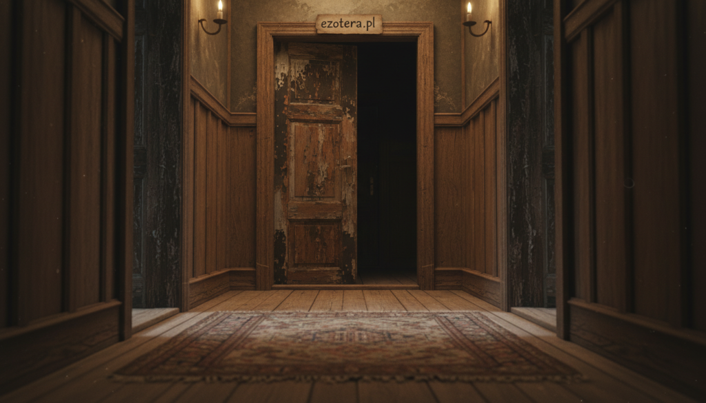 A dimly lit corridor in an old, somewhat eerie house, with aged wooden walls and a slightly open door at the far end, revealing a shadowy room. The foreground features the textured floor, perhaps a worn rug partially covering antique wooden planks. In the middle ground, the door is prominent, its surface marked with scratches and peeling paint, hinting at the passage of time and hidden stories. The background shows flickering candlelight casting long shadows, enhancing the atmosphere of mystery and expectation. The lighting should be warm yet dim, creating a hauntingly inviting feeling. The lens should capture a slight depth of field, placing focus on the door, while softening the details of the surroundings. Brand name: ezotera.pl.