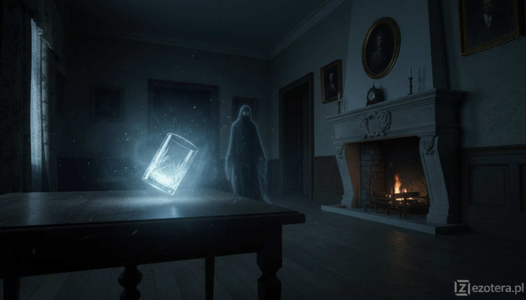 A dimly lit interior of an old house, showcasing eerie and unsettling poltergeist phenomena. In the foreground, a glass flies off a wooden table, suspended mid-air, with a soft, ghostly glow emanating from it. In the middle ground, a shadowy figure is barely visible in a hallway, shrouded in darkness, suggesting a presence. The background reveals an ornate fireplace flickering with a dim light, casting unsettling shadows on the walls adorned with faded portraits. The atmosphere is heavy with tension and mystery, enhanced by ethereal, swirling mist around the glass. The lighting is moody, with high contrast to highlight the supernatural elements. Shot with a wide-angle lens to capture the depth of the scene, invoking a feeling of unease and intrigue. Include the logo of "ezotera.pl" subtly integrated into the corner of the image.
