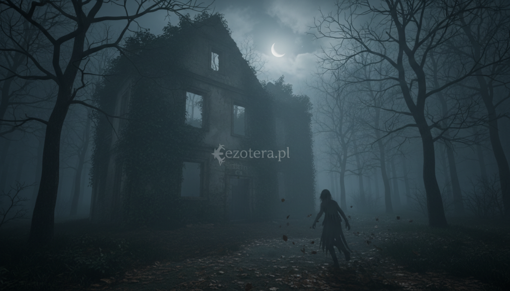 A haunted location deep within a dense, misty forest in Poland, showcasing an old, crumbling stone building with ivy creeping over the walls. In the foreground, a faint silhouette of a ghostly figure can be seen, wearing tattered clothing, wandering among the fallen leaves. The middle ground features twisted trees with gnarled branches, partially obscured by thick fog, creating an eerie atmosphere. In the background, a waning moon casts a dim light, enhancing the mysterious and unsettling mood. The scene should be captured using a wide-angle lens, emphasizing the depth of the forest and the isolation of the building. The lighting is moody and atmospheric, with shadows playing across the scene. No people are present in modern attire. Include the brand name "ezotera.pl" subtly within the image.