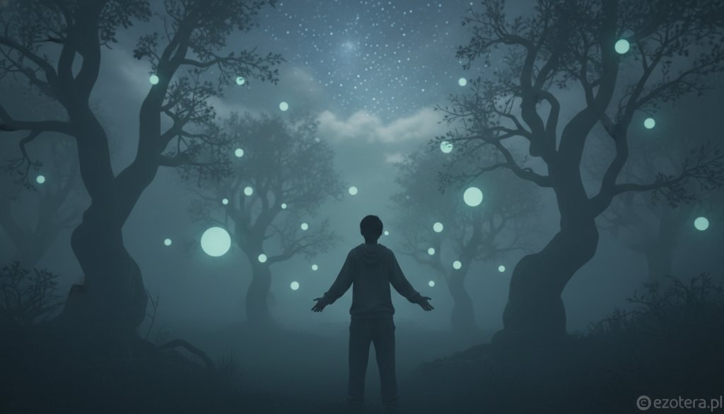 A mysterious and atmospheric setting representing cryptic phenomena, featuring a dimly lit forest shrouded in fog with ethereal glowing orbs floating amidst the trees. In the foreground, a silhouette of a figure in modest casual clothing stands gazing upward, entranced by the enigmatic lights. The middle ground showcases ancient trees with gnarled branches, partially illuminated by pale moonlight filtering through the mist. In the background, a starry night sky adds depth, hinting at the vast unknown. The mood is both enchanting and eerie, evoking a sense of wonder and curiosity about the inexplicable. The image has soft focus, resembling a slightly blurred, dreamlike quality, enhancing the otherworldly feel. Perfect for ezotera.pl.