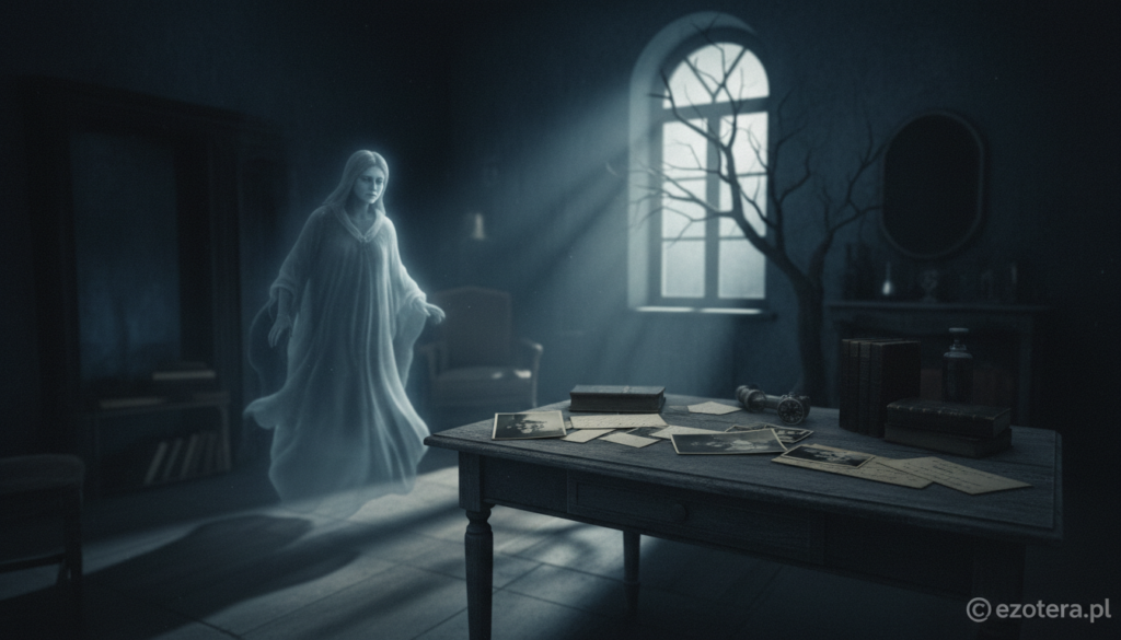 A mysterious and ethereal scene depicting a ghostly figure in a dimly lit, shadowy room. In the foreground, the translucent apparition, softly glowing, has an expression of both wisdom and melancholy, suggesting a guardian presence. In the middle ground, a scattering of old photographs and letters lies on an antique table, hinting at unresolved matters. Surrounding these are faint outlines of blurred objects, creating an aura of nostalgia. The background features a faintly illuminated window, through which moonlight filters, casting intricate shadows. The atmosphere is thick with anticipation and a sense of history. The overall color palette consists of deep blues and grays, enhancing the mystical mood. The image reflects themes of guardianship and unresolved issues, ensuring a profound visual impact. Created by ezotera.pl.