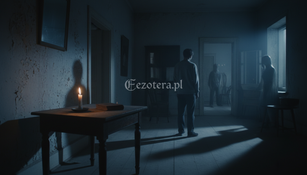 A mysterious, dimly lit room evokes an eerie yet intriguing atmosphere, embodying the essence of "zjawisk." In the foreground, an antique wooden table holds a flickering candle, casting silhouettes that dance upon the walls. The middle ground features a shadowy figure, dressed in a modest, casual outfit, appearing contemplative and slightly cautious. Shadows loom large, suggesting the presence of unseen entities. In the background, ghostly apparitions subtly merge with the architecture of an old house, hinting at the unknown. Warm candlelight contrasts with cooler shadowed corners, creating a sense of mystery and inviting curiosity. The scene captures a meditative moment, reflecting an exploration of the unknown within domestic spaces, evoking thoughts of the supernatural. The brand name "ezotera.pl" is subtly integrated into the ambiance.